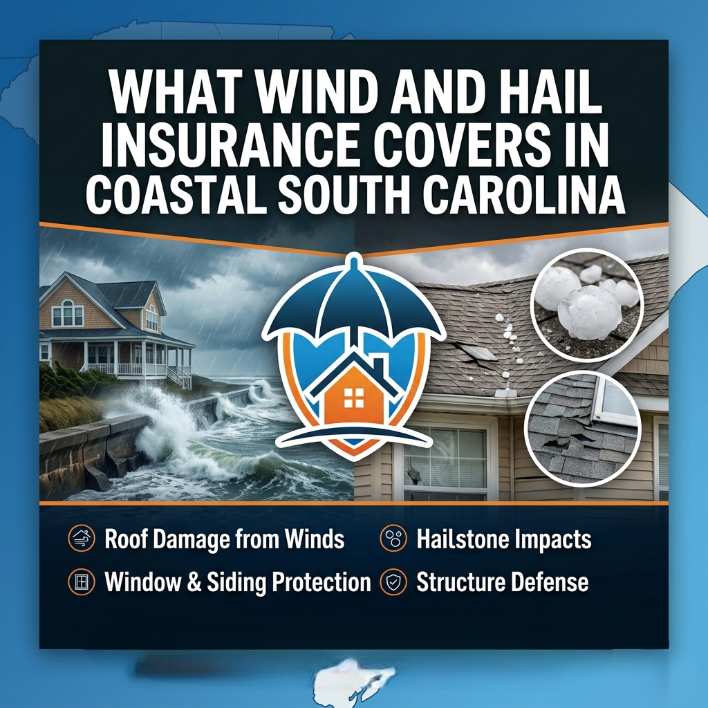Please create an image with this title in the center, high-contrast Facebook ad layout, centered headline text, 1:1 or 4:5 aspect ratio for Facebook performance, please don't add anything: What Wind and Hail Insurance Covers in Coastal South Carolina