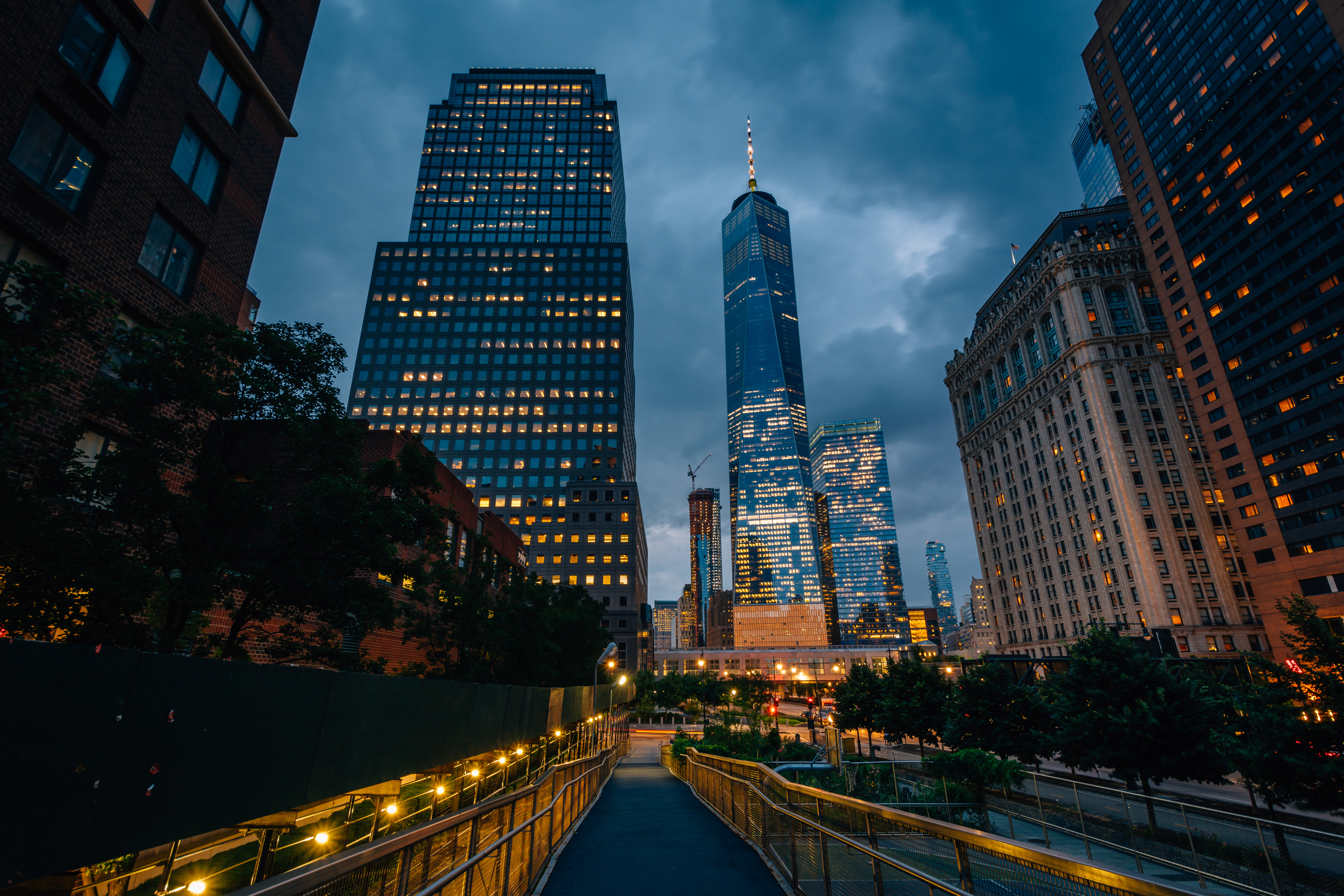 One World Trade Center and the Financial District skyline at dusk
