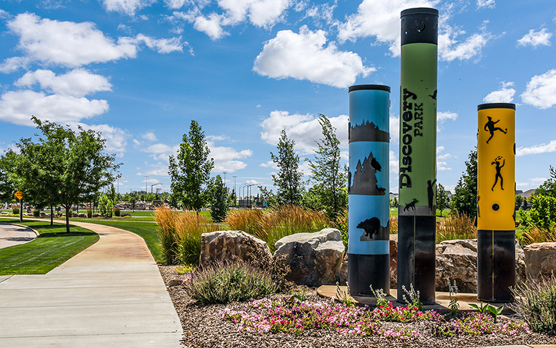 Modern park with splash features and play areas