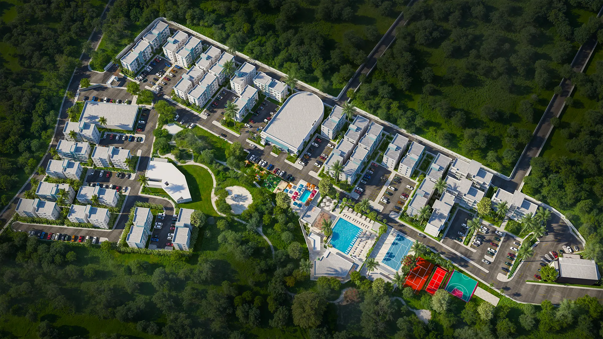 Aerial illustrated community master plan of Los Castillos condominium resort