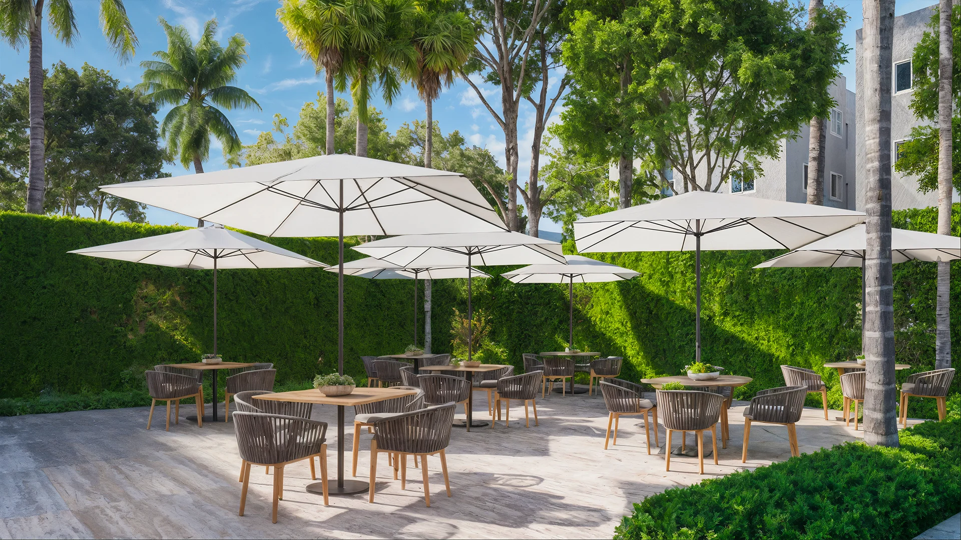 Outdoor cafe seating and landscaped green area rendering at Los Castillos Resort