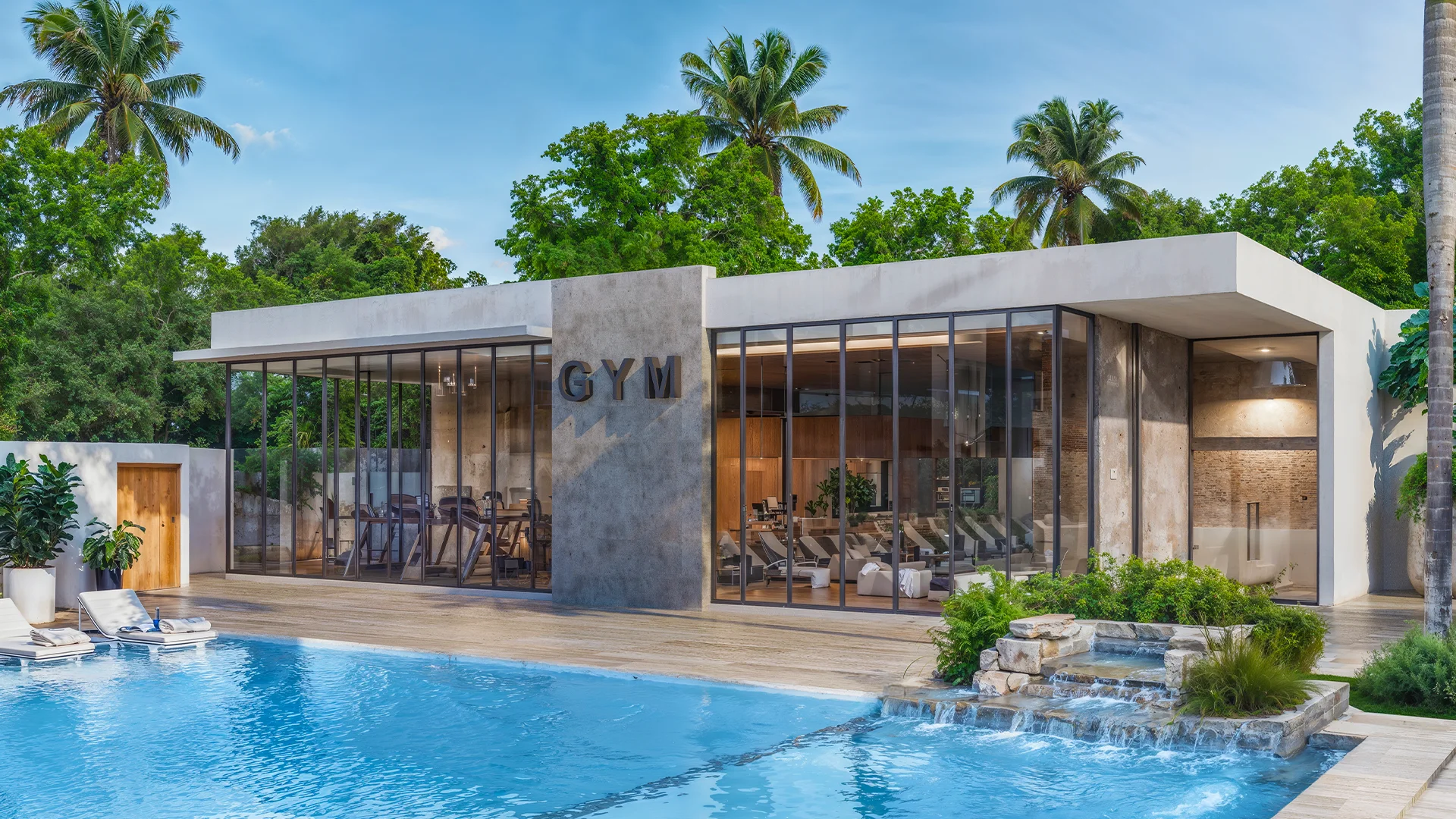 Architectural rendering of gym and resort swimming pool at Los Castillos Sosua