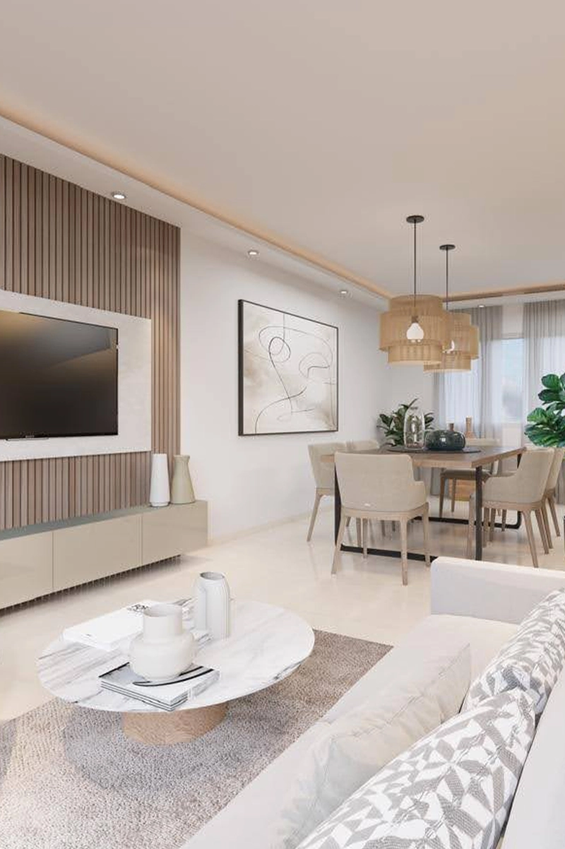 Vista Royale two bedroom condominium living and dining interior rendering