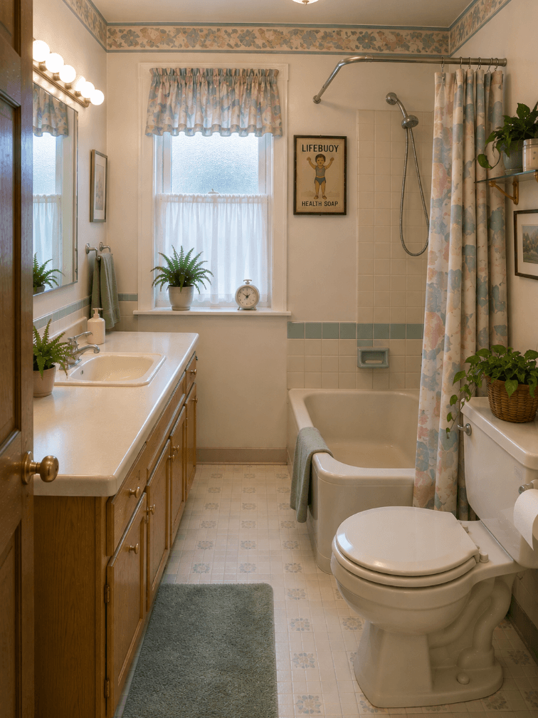 Dated bathroom remodel with oak vanity, older lighting and period finishes, representing a maintained but dated bathroom.