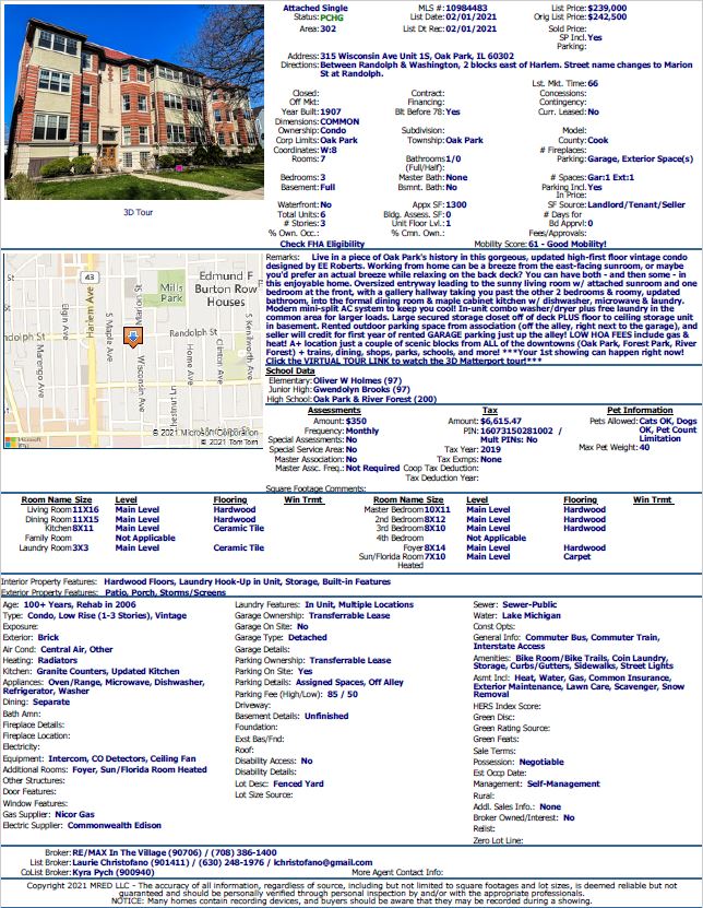 315 Wisconsin Ave #1S MLS listing sheet