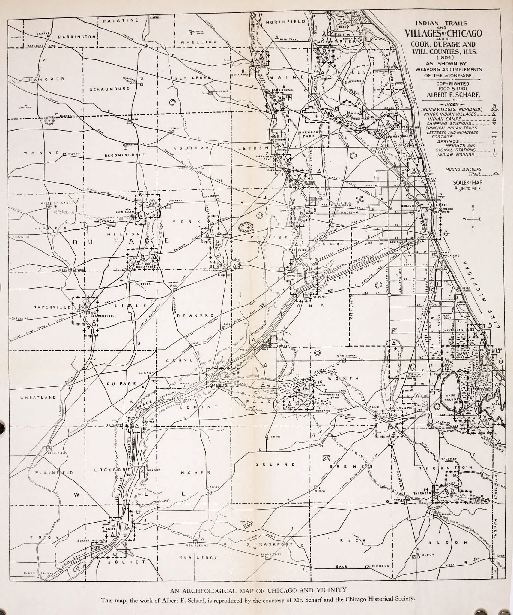 Albert F. Scharf’s 1900–1901 map reconstructing Indigenous trails and sites around Chicago circa 1804, with numerous village, camp, toolmaking, and mound symbols along the Des Plaines River near present-day Elmwood Park.