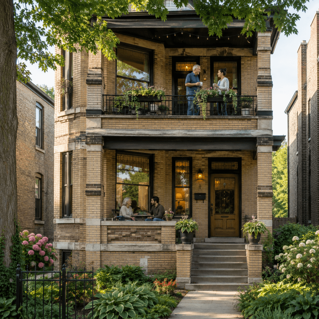 Chicago two-flat showing separate living spaces for two generations of the same family