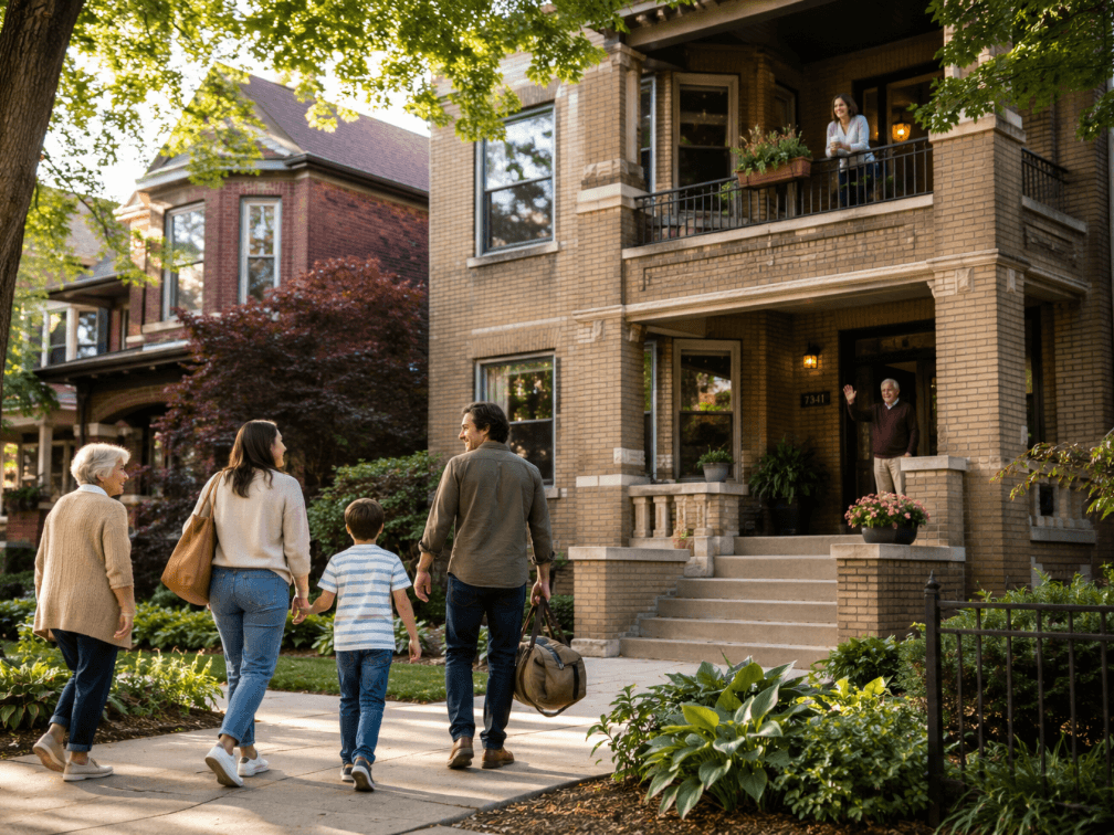 Family discussing multigenerational living options together in a classic Chicagoland home
