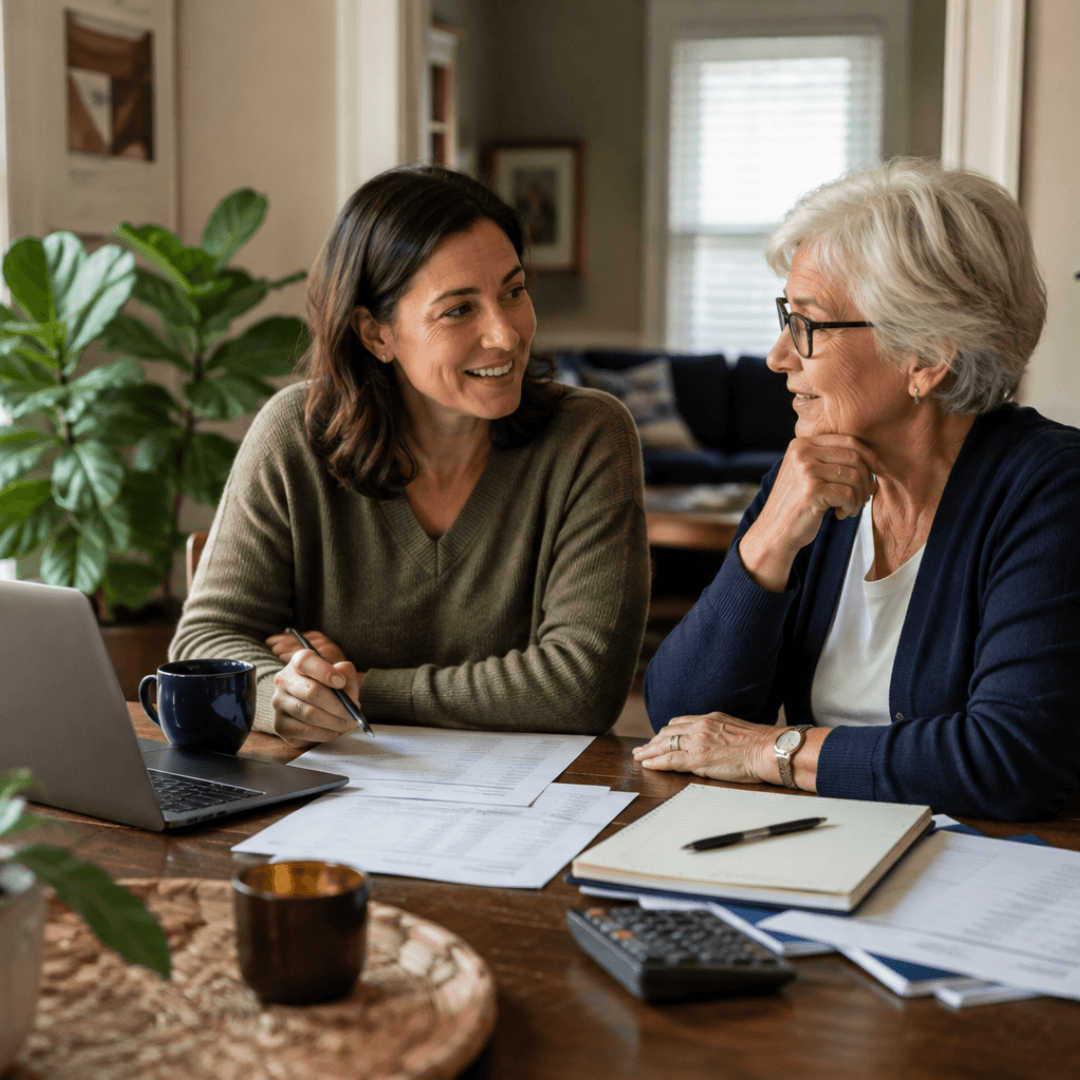 Two generations discussing combined home equity and housing costs for multigenerational living in Chicagoland