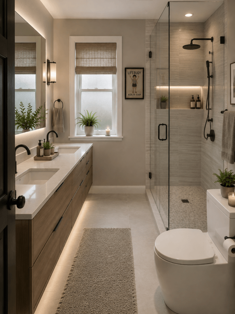 Recently renovated bathroom with current tile, vanity, lighting and contemporary fixtures in a Chicagoland home.