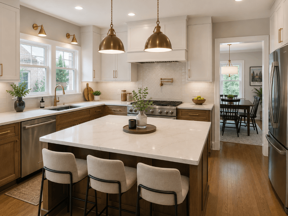 Recently renovated kitchen with current cabinetry, quartz counters, large island and contemporary lighting and finishes.