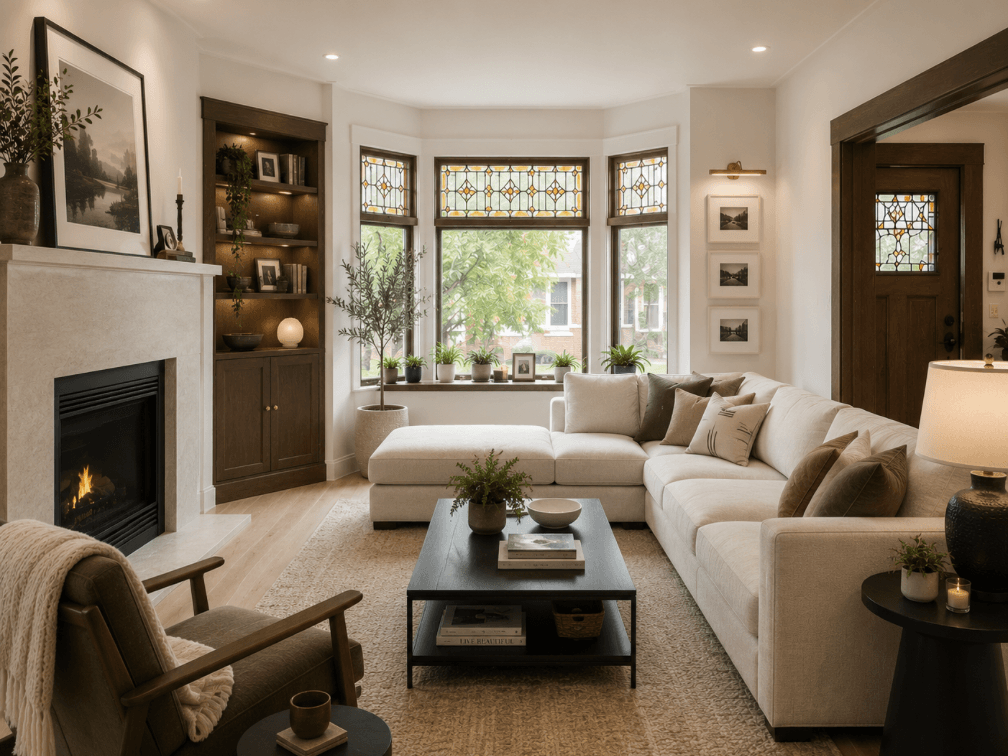 Recently renovated Oak Park living room blending historic architectural details with warm, current finishes and modern design.