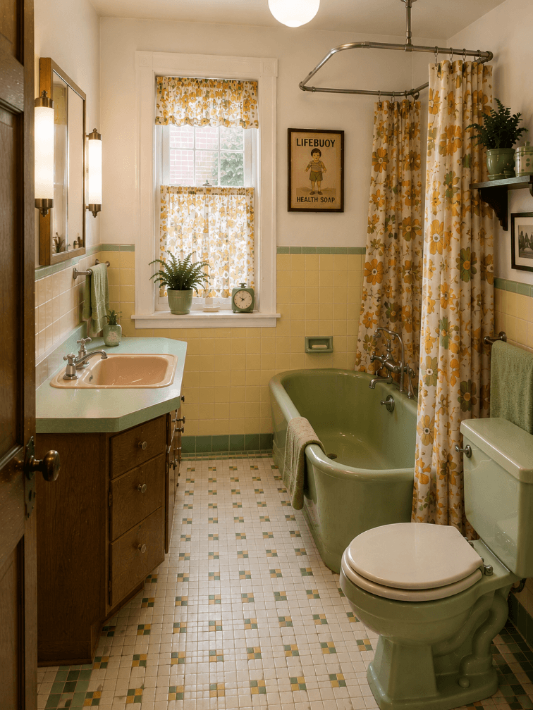 Older remodeled bathroom with colorful vintage-era tile and fixtures, representing a long-ago bathroom renovation.