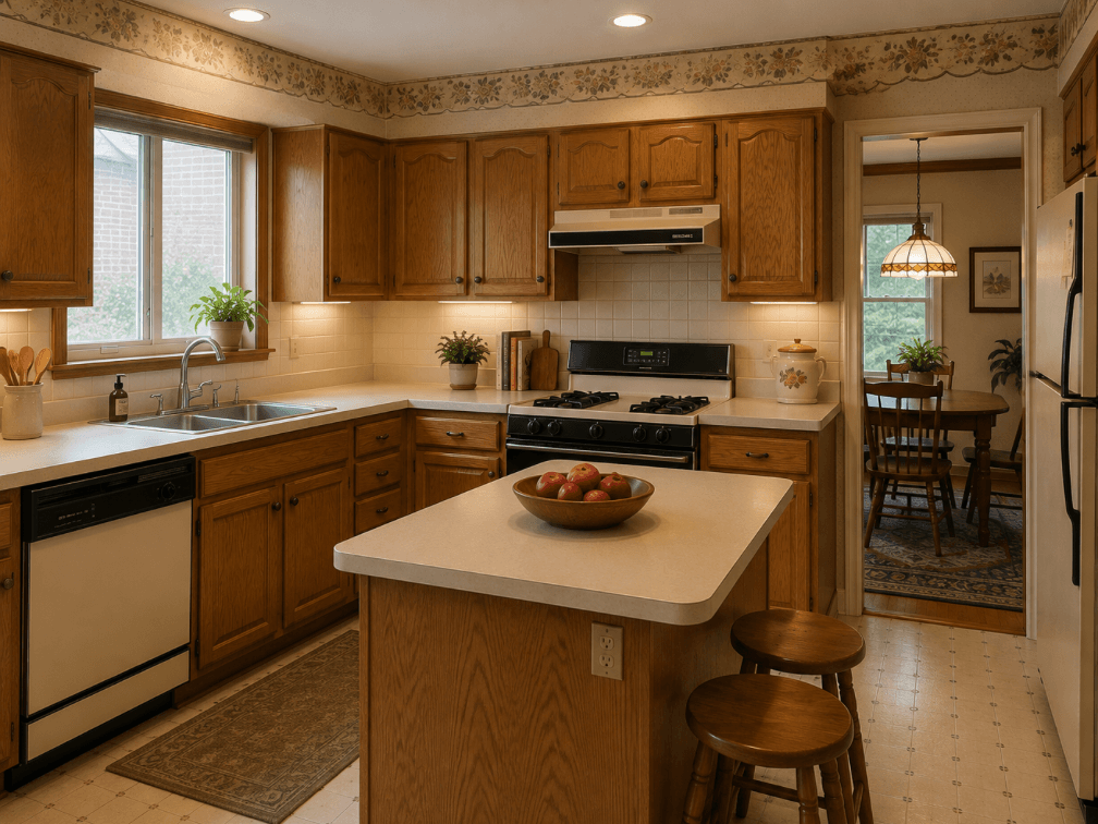 Older remodeled kitchen with oak cabinetry, laminate counters and dated finishes, representing a functional but dated home.