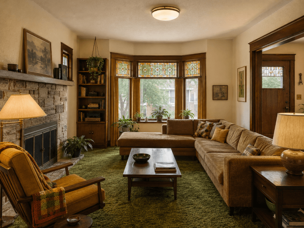 Historic living room altered by an older remodel with stone fireplace, carpeting and 1960s to 1970s-era finishes.