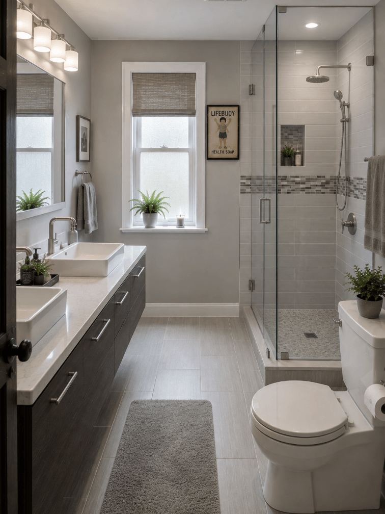 Updated bathroom from an earlier renovation with dark vanity, neutral tile and glass shower enclosure.