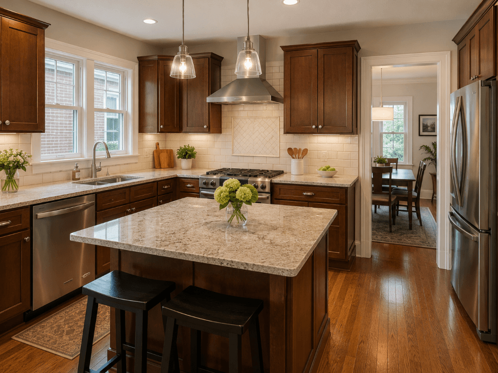 Updated kitchen with modern cabinetry, stone counters, stainless appliances and neutral finishes in a Chicagoland home.