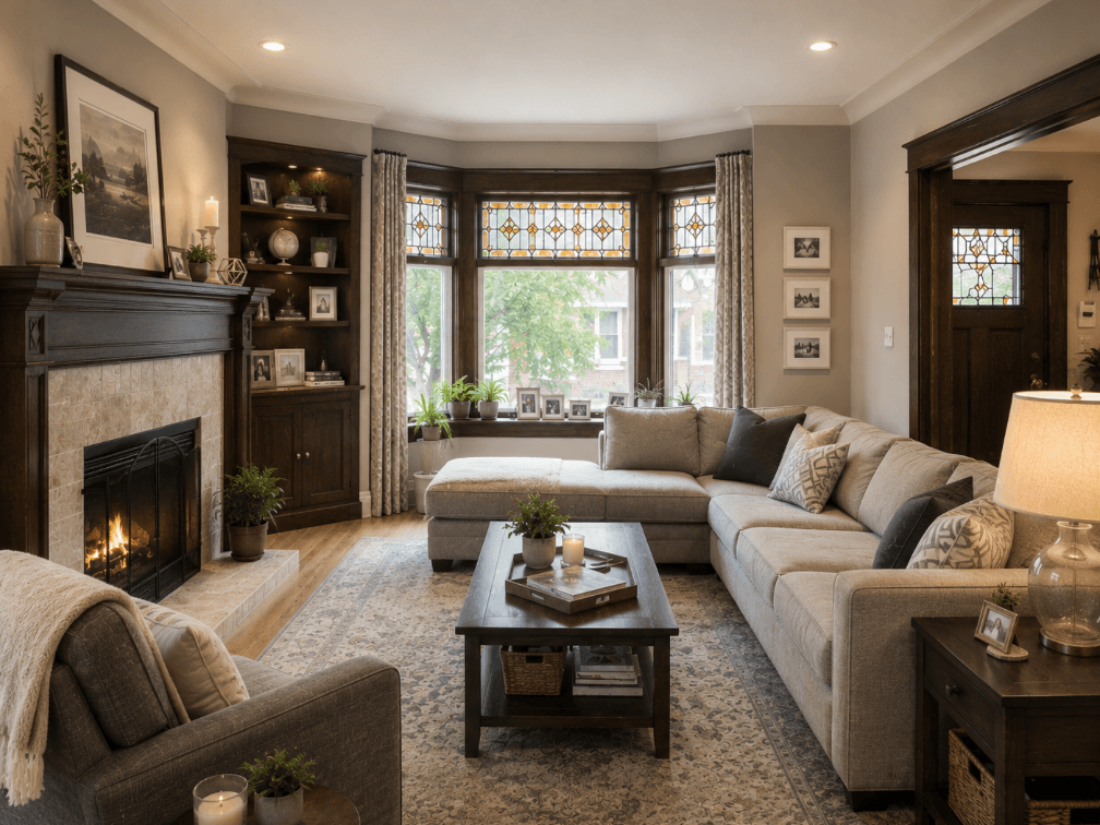 Updated Oak Park living room with hardwood floors, neutral finishes, renovated fireplace and preserved architectural character.
