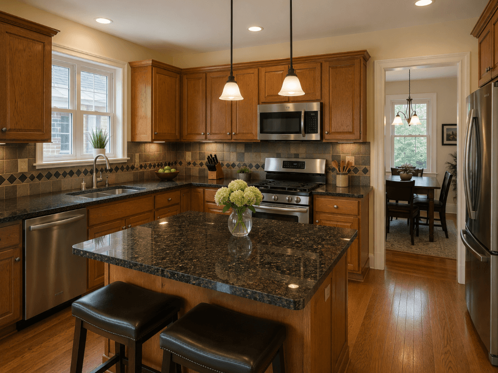 Earlier renovated kitchen with cherry cabinetry, dark granite counters, stainless appliances and slate backsplash.