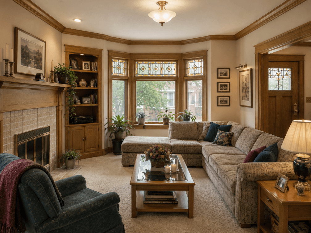 Oak Park living room with dated remodel featuring honey oak, beige carpeting and older fireplace finishes.