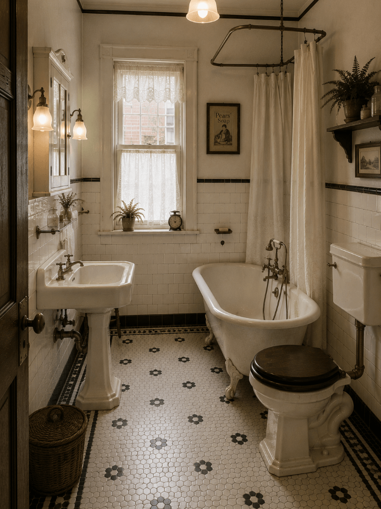 Beautifully preserved vintage bathroom with original tile and period fixtures, illustrating desirable historic character.