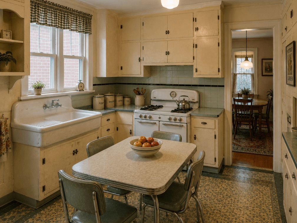 Well-maintained vintage kitchen with original-style cabinetry and finishes, representing an older character-rich Chicagoland home.