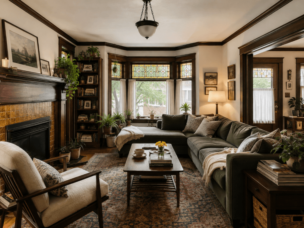 Oak Park living room with preserved original woodwork, fireplace, art glass and historic architectural details.
