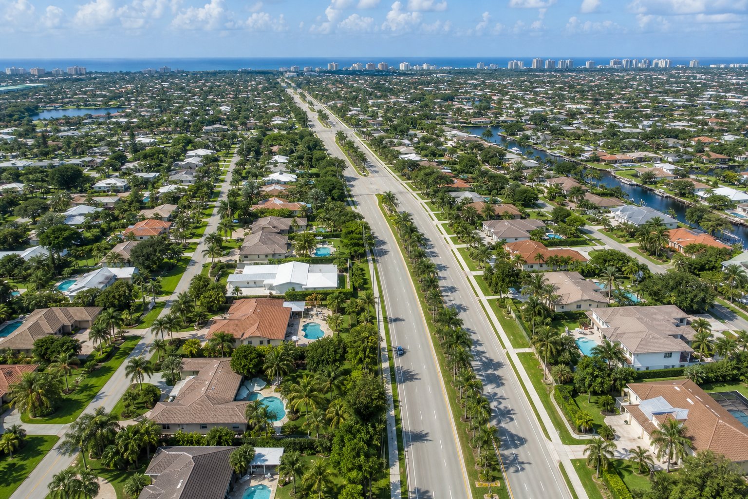 Aerial view of South Florida neighborhoods near the Palm Beach and Broward county line
