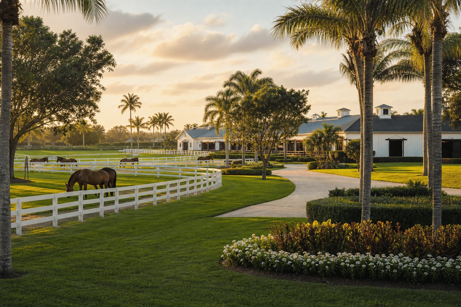 Equestrian paddocks and barns in Wellington, Florida at golden hour