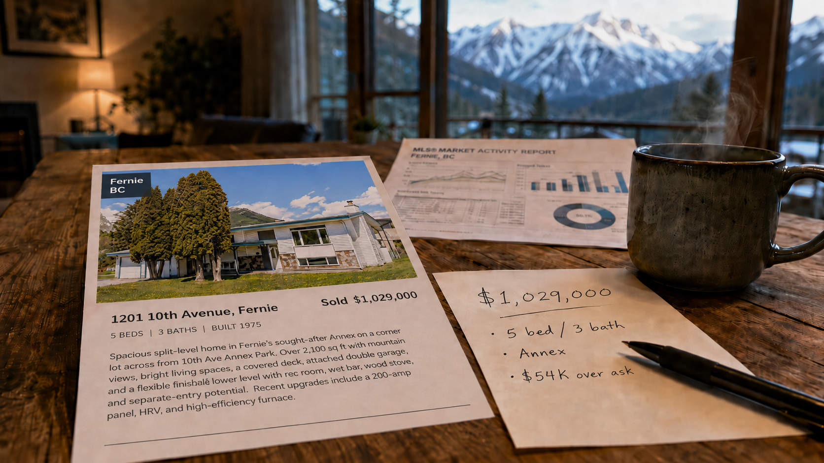 A warm mountain home interior. Weathered wooden table holding a property listing sheet, a handwritten note reading "$1,000,000", and a steaming coffee mug. Through the window behind, a snow-dusted Fernie mountain ridge.
