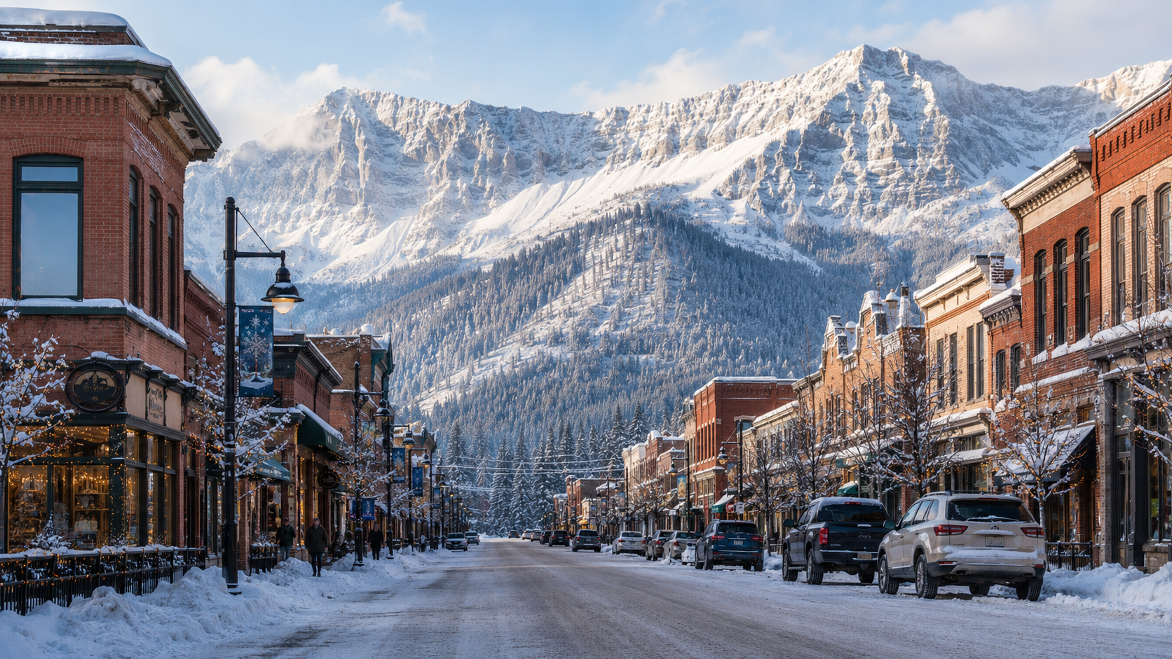 Downtown Fernie&rsquo;s historic 2nd Avenue in winter, with snow-covered streets, heritage buildings, local shops, and the Lizard Range rising in the background.