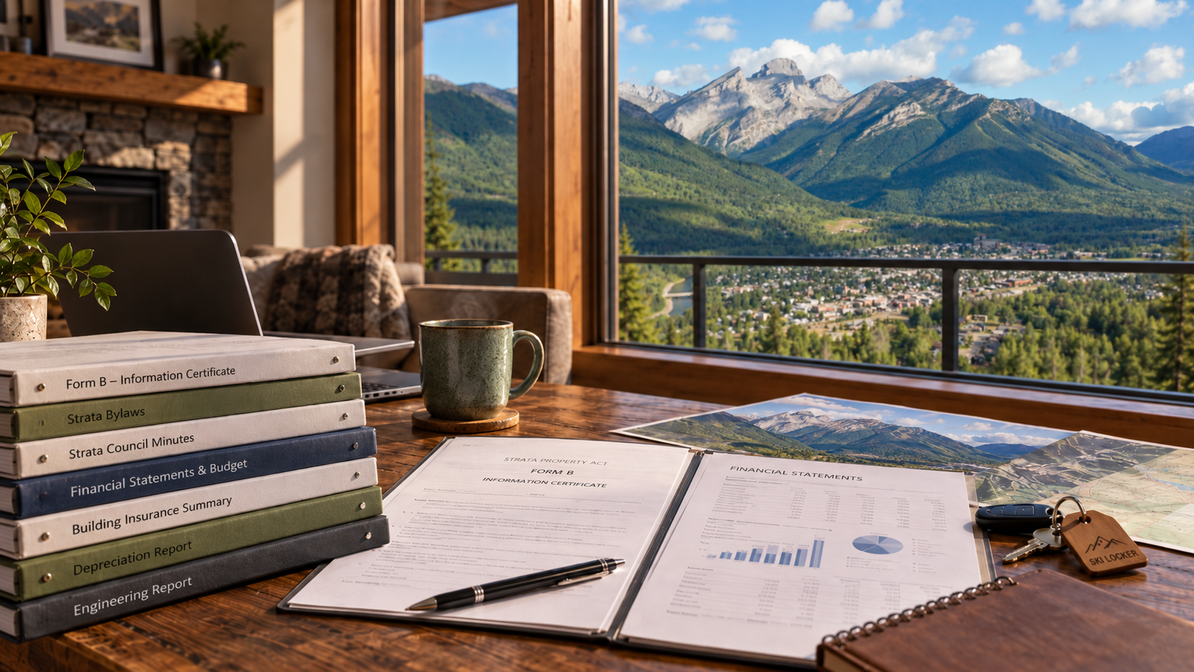 Fernie, BC condo-buying checklist with Form B, strata bylaws, financials, depreciation report, insurance, parking, storage and rental information arranged on a desk overlooking Fernie and the surrounding mountains. The image highlights the key documents, ownership costs and due diligence buyers should review before purchasing a condo in Fernie.