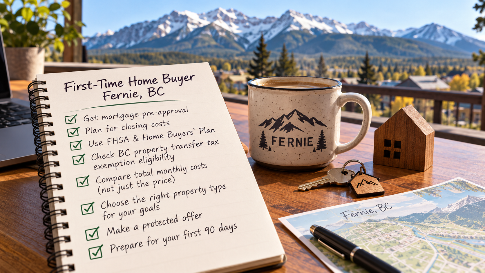 First-time home buyer checklist on a wooden table with a Fernie coffee mug, house keys, mortgage planning documents and mountain scenery, illustrating the steps to buying your first home in Fernie, BC.