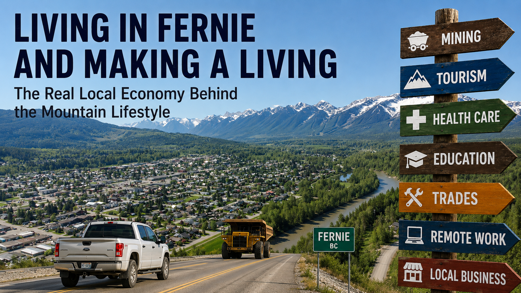 Aerial view of Fernie, BC, with the Elk Valley and Rocky Mountains, illustrating local jobs and employment in mining, tourism, healthcare, education, trades, remote work and small business.