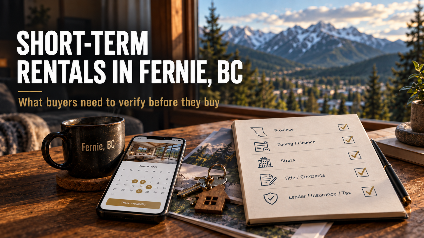 House keys, a rental booking calendar and a five-part buyer checklist sit beside a “Fernie, BC” coffee mug, with a mountain backdrop. The image illustrates the provincial rules, zoning, strata bylaws, title restrictions and financing checks buyers should investigate before purchasing a short-term rental in Fernie, British Columbia.