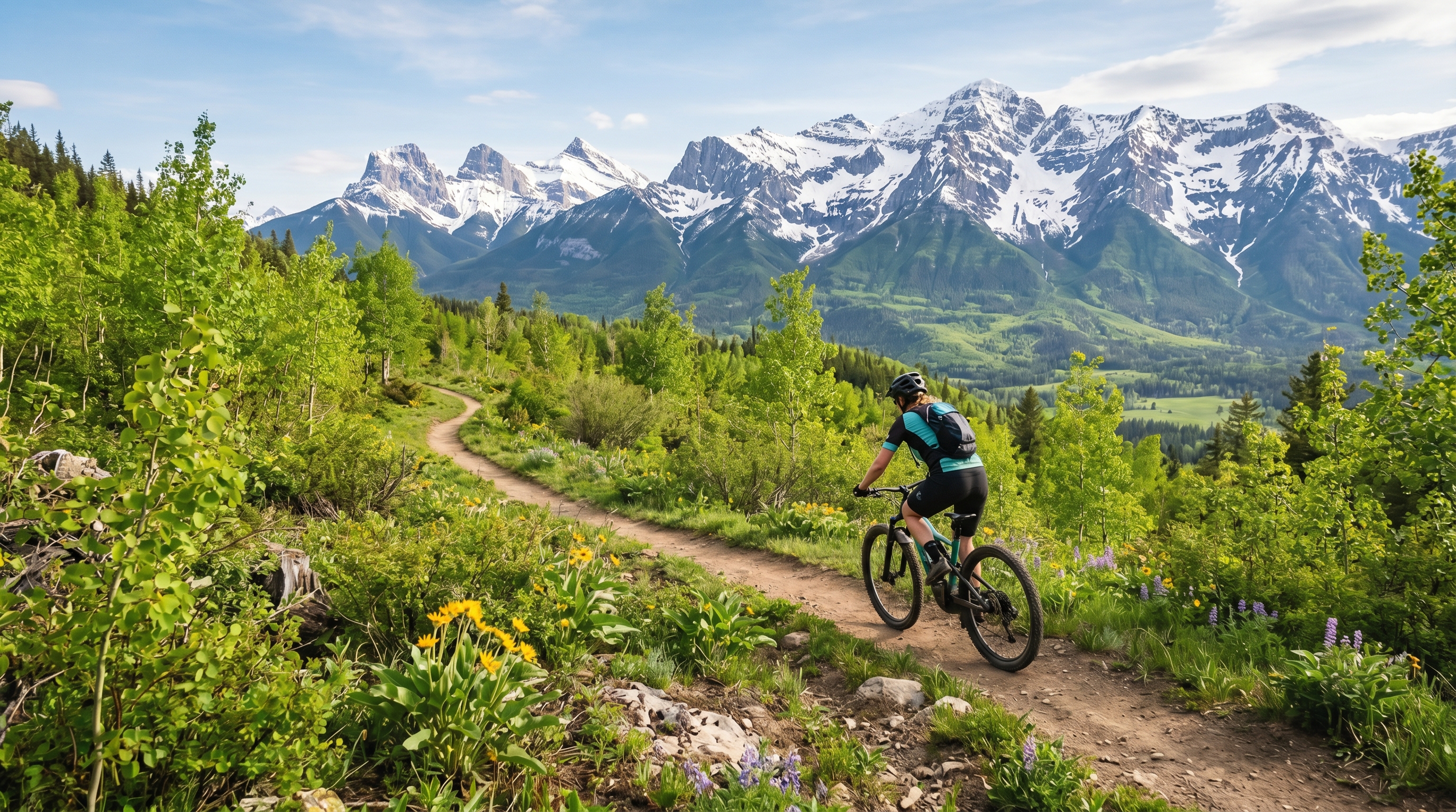 Mountain biker riding a singletrack trail above Fernie BC in spring, snow-capped Lizard Range in the background