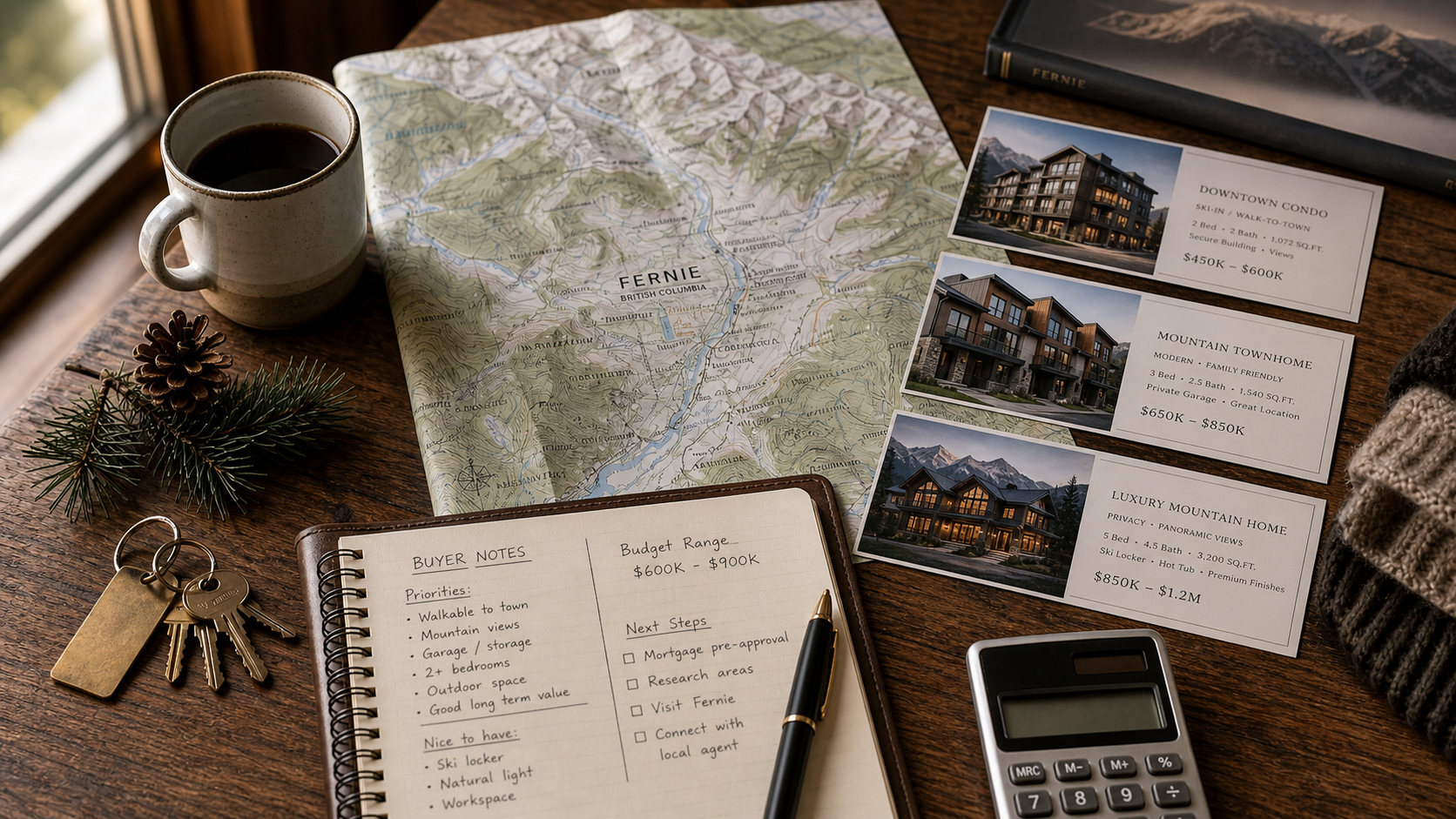 Fernie real estate buying plan with map, keys, notes, calculator, and property cards showing different home options.