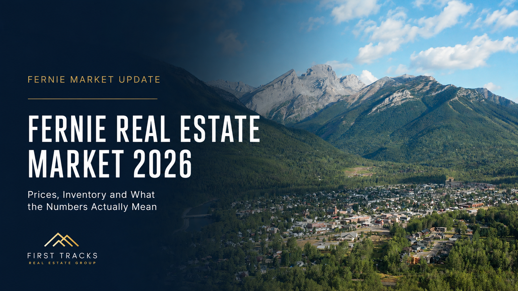 Aerial view of Fernie, BC with the surrounding Rocky Mountains and subtle real estate market data graphics for the 2026 Fernie market report.