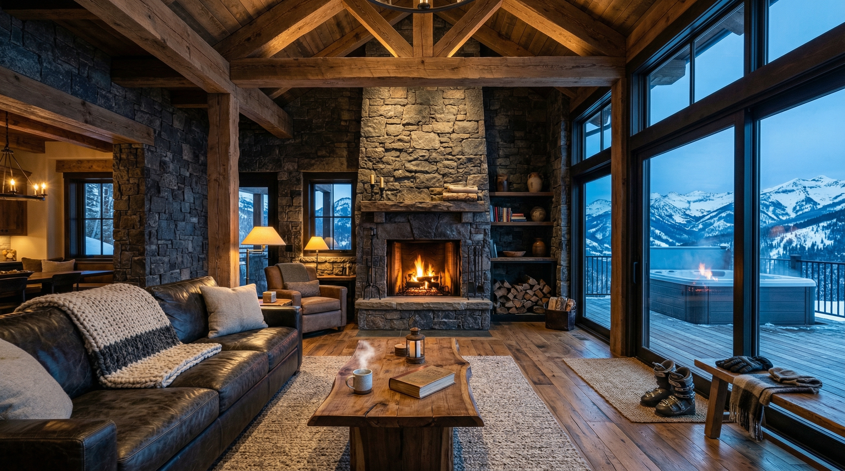 Fernie luxury timber-frame chalet at dusk with Lizard Range in background, Fernie BC