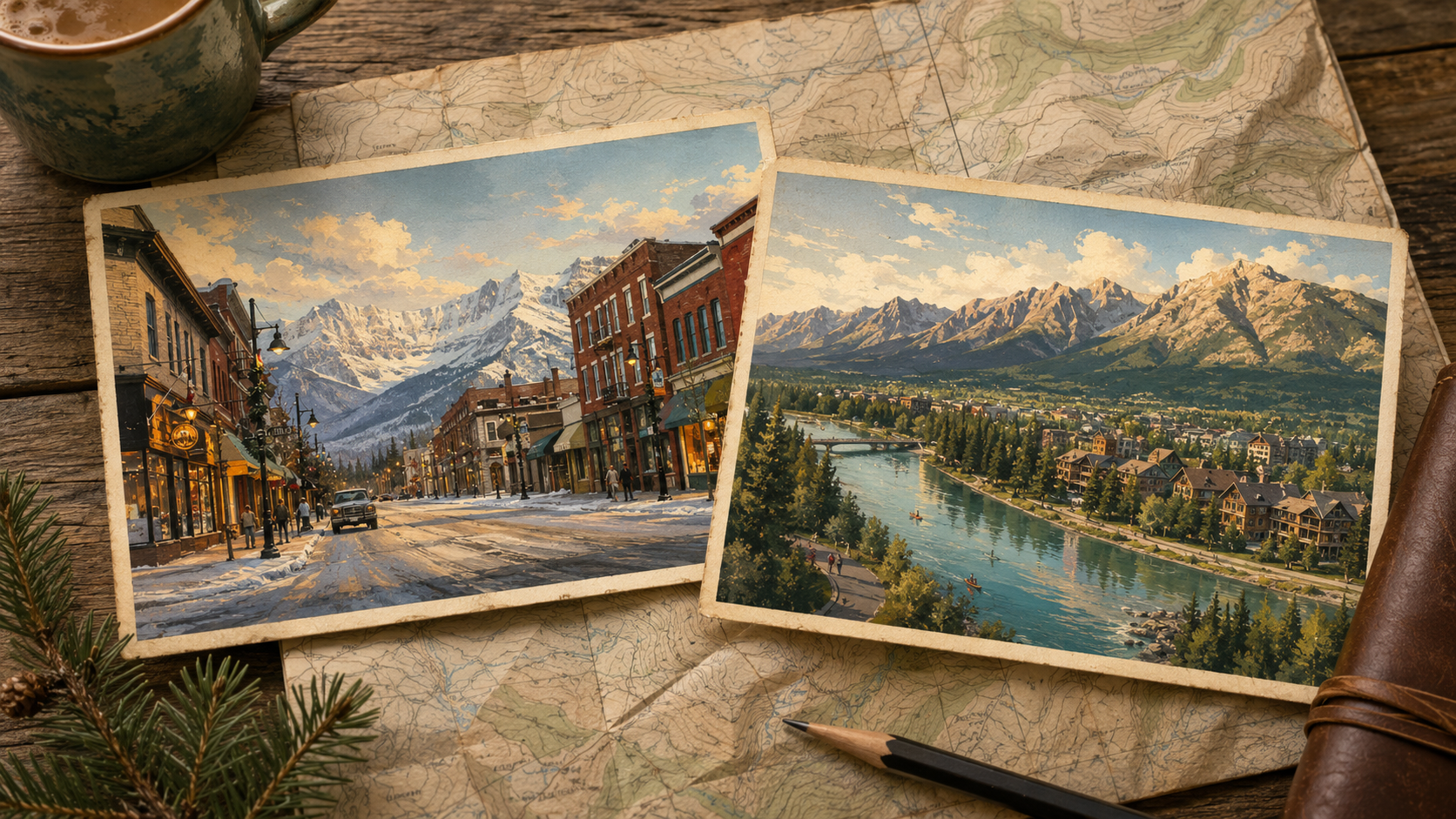Fernie BC vs Canmore AB real estate comparison - vintage postcards on topographic map