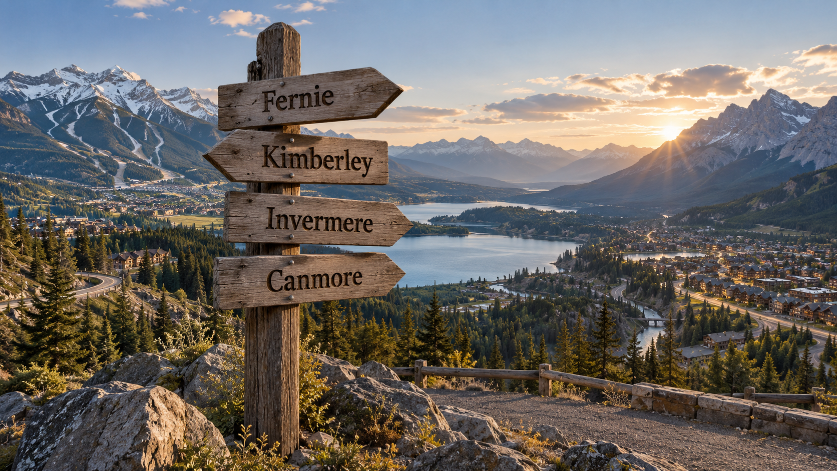 A rustic wooden signpost points toward Fernie, Kimberley, Invermere and Canmore against a dramatic mountain valley at golden hour. The image represents a real estate and lifestyle comparison between four popular mountain towns within reach of Calgary, highlighting the trade-offs between skiing, lake access, amenities, travel time and property value.