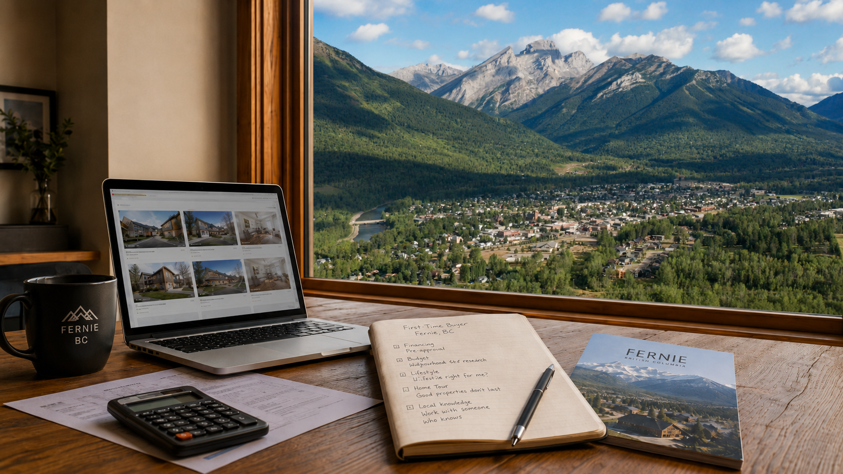 First-time homebuyer planning a Fernie, BC property search at a desk with a laptop, notebook and calculator, overlooking the town and surrounding mountains.