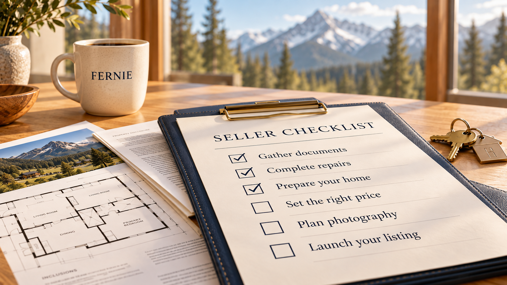 Seller checklist on a clipboard beside floor plans and house keys with Fernie mountains in the window
