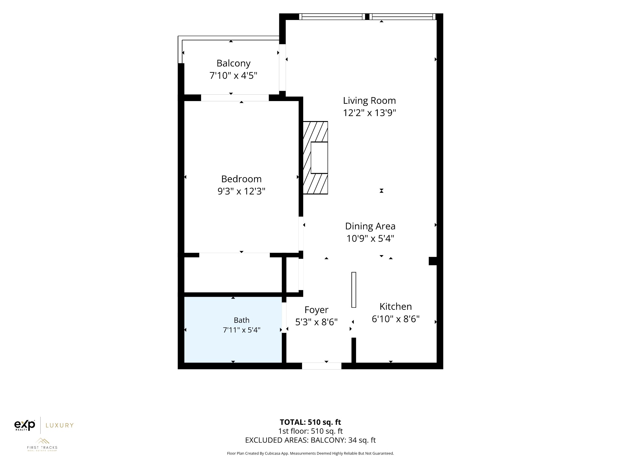 Unit 304 floor plan with room dimensions, 510 sq. ft. interior and separate 34 sq. ft. balcony