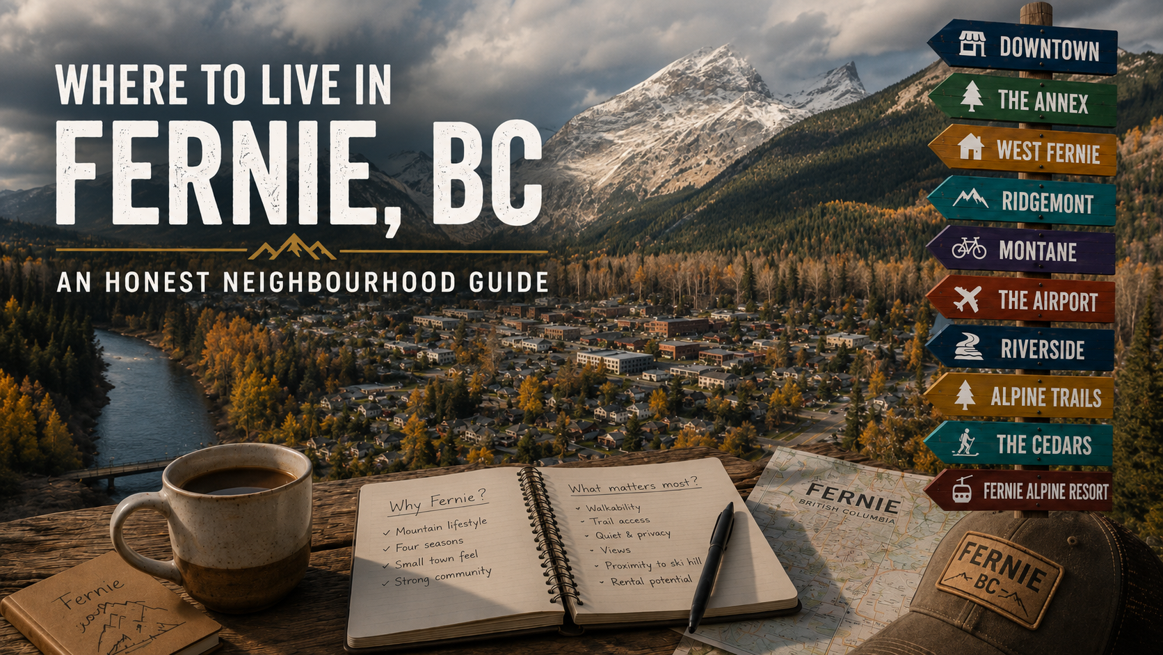 A neighbourhood guide to Fernie, BC, featuring the Three Sisters mountain range and Elk Valley landscape, with local area signposts highlighting Downtown, The Annex, West Fernie, Ridgemont, Montane, The Airport, Riverside, Alpine Trails, The Cedars and Fernie Alpine Resort.