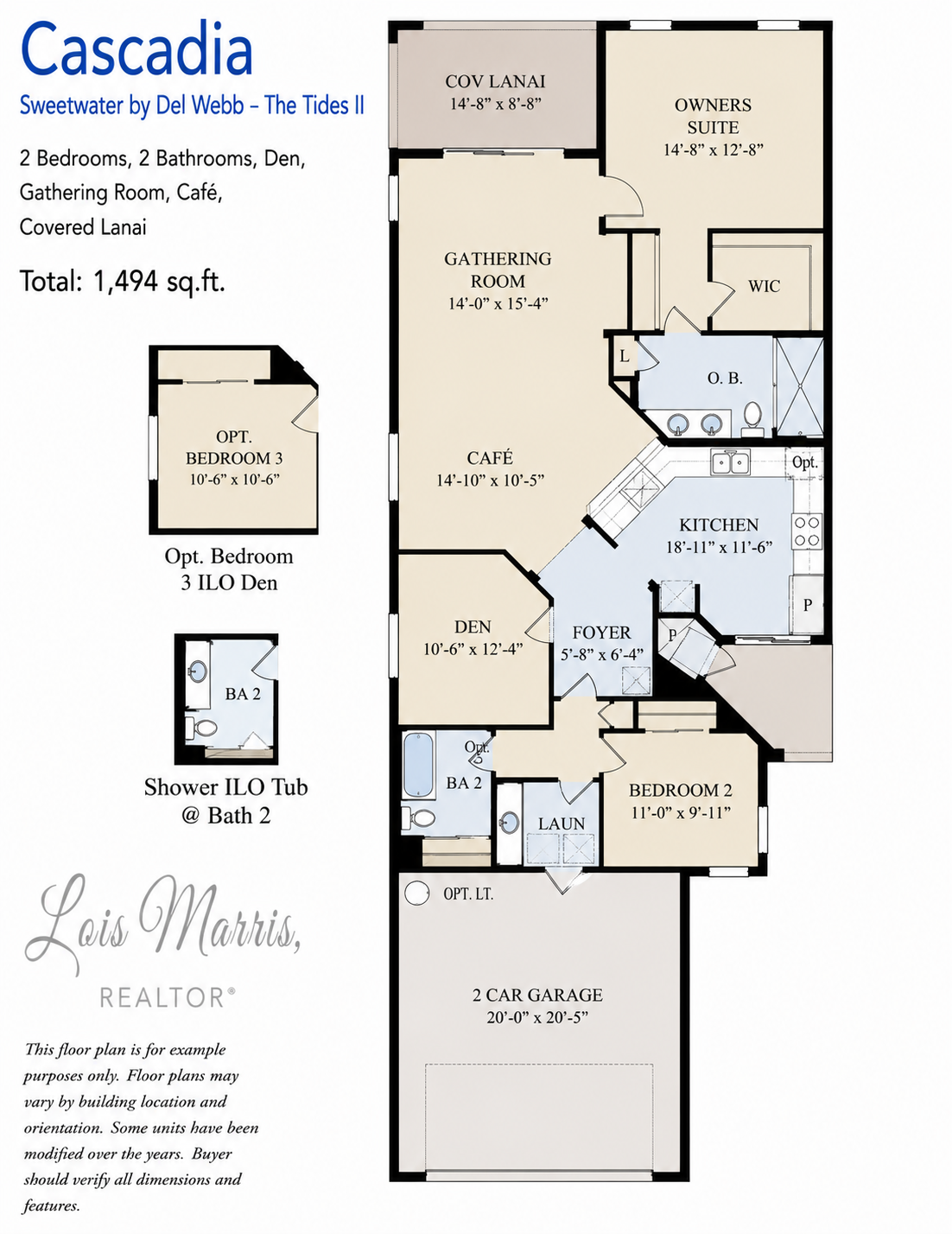 Cascadia floor plan diagram, Tides II at Sweetwater by Del Webb