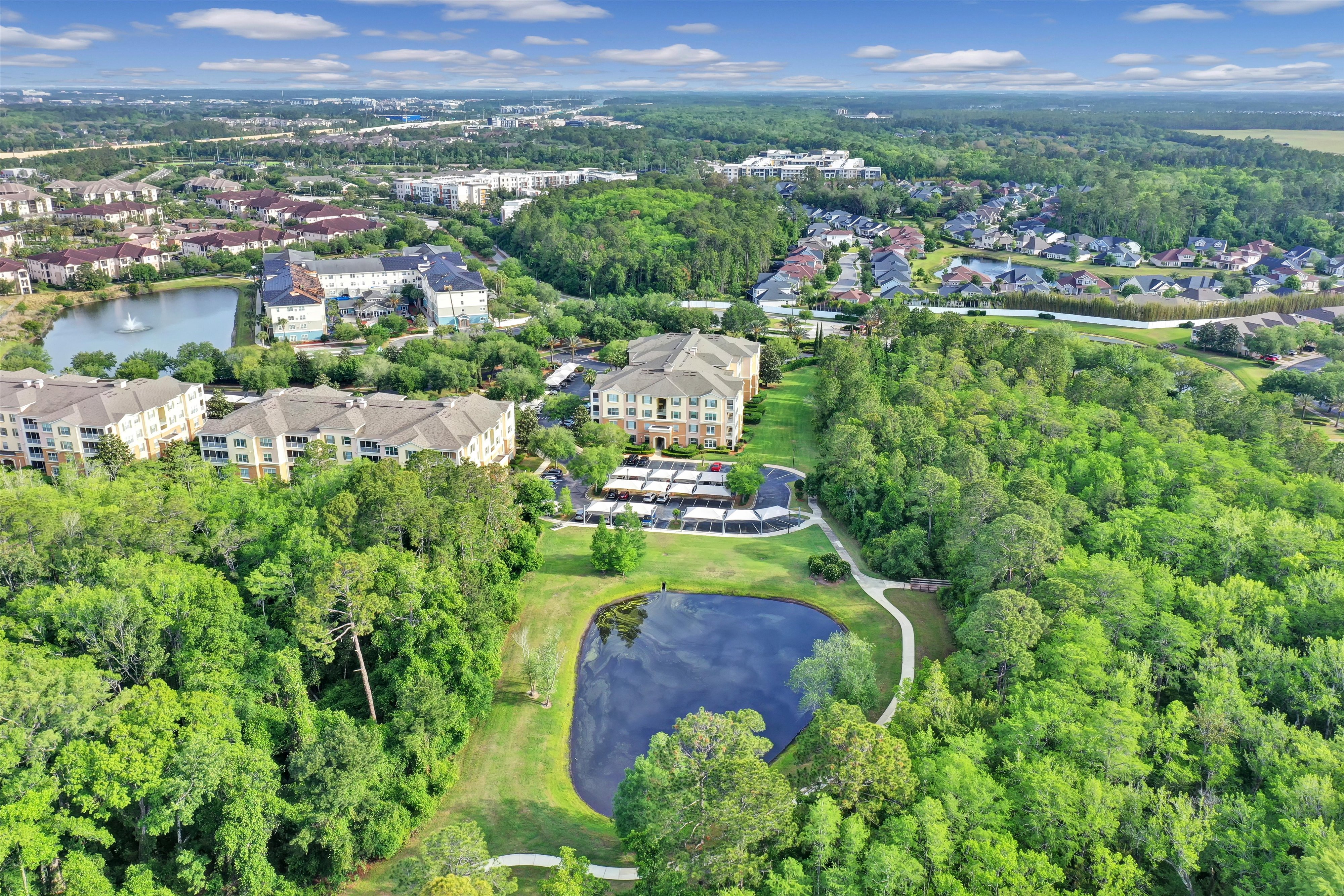 Aerial view of Sandpiper Village's mid-rise buildings at Sweetwater by Del Webb, Jacksonville FL
