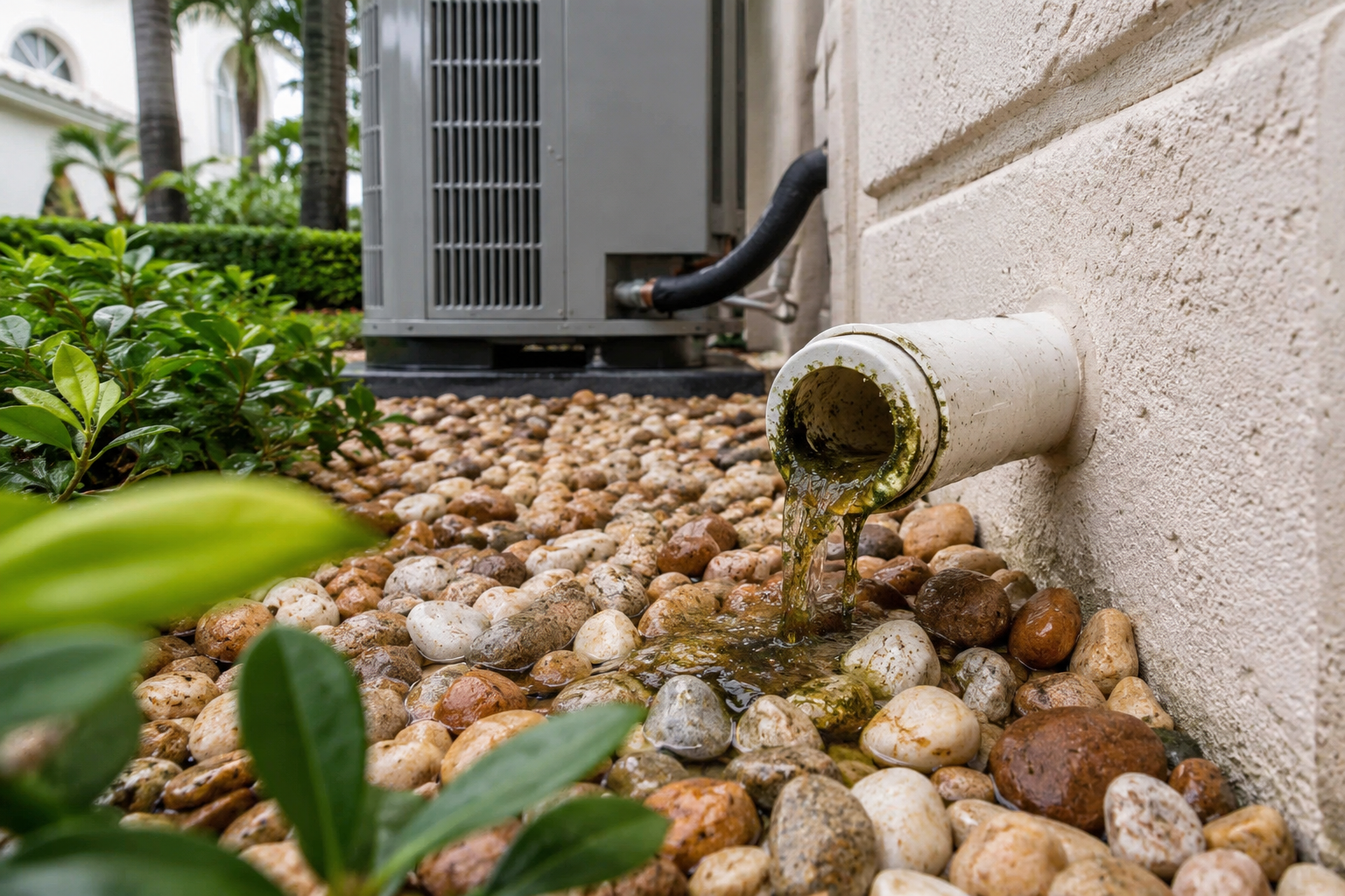 Exterior AC condensate drain line kept clear of landscaping in Ponte Vedra Beach Florida