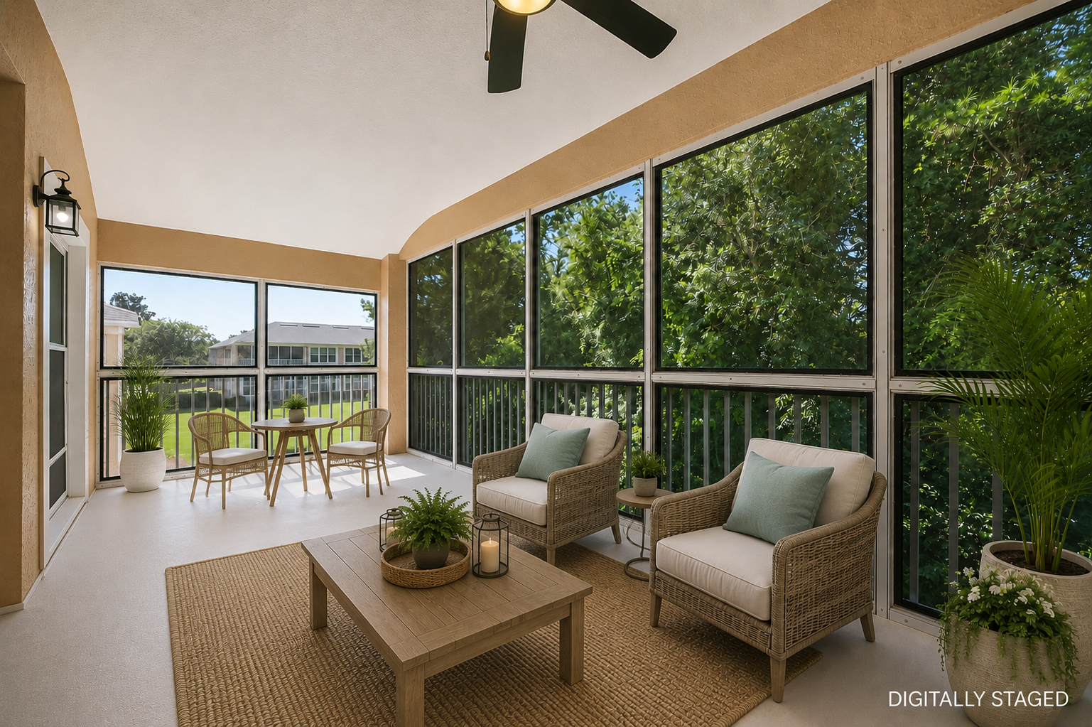Spacious lanai with views of mature trees