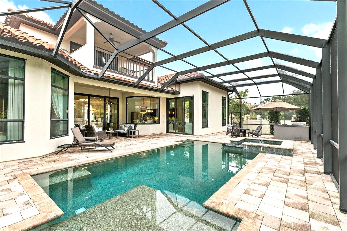 Heated pool and screened lanai at 114 Montura Drive